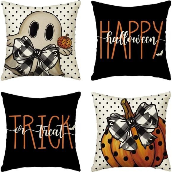 Set of 4 Happy Halloween Ghost‎ & Pumpkin Pillow Covers - 18x18 Inch Polka Dot - Picture 1 of 7
